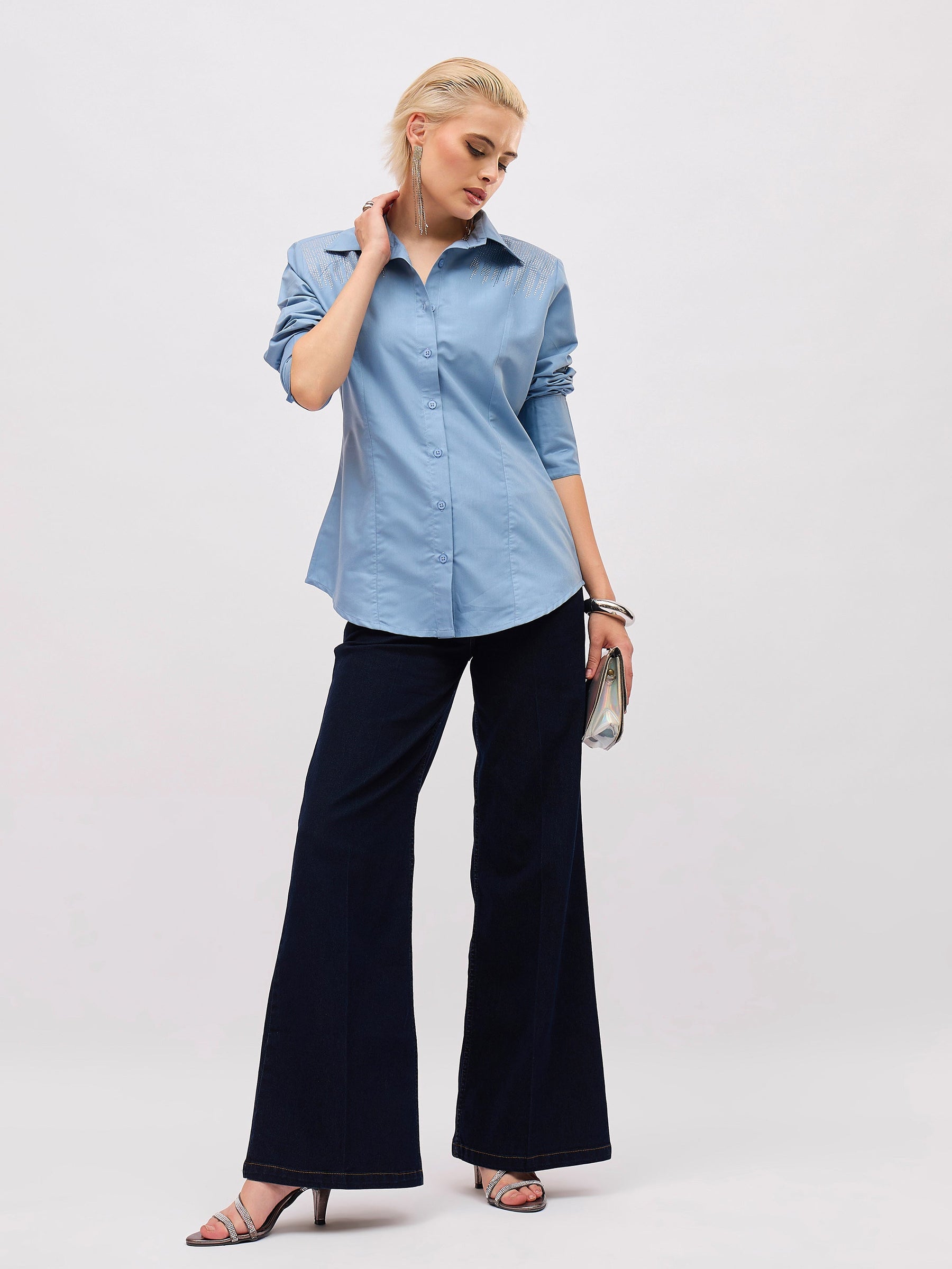 Dull Blue Shoulder Embellished Slim Fit Shirt -SASSAFRAS