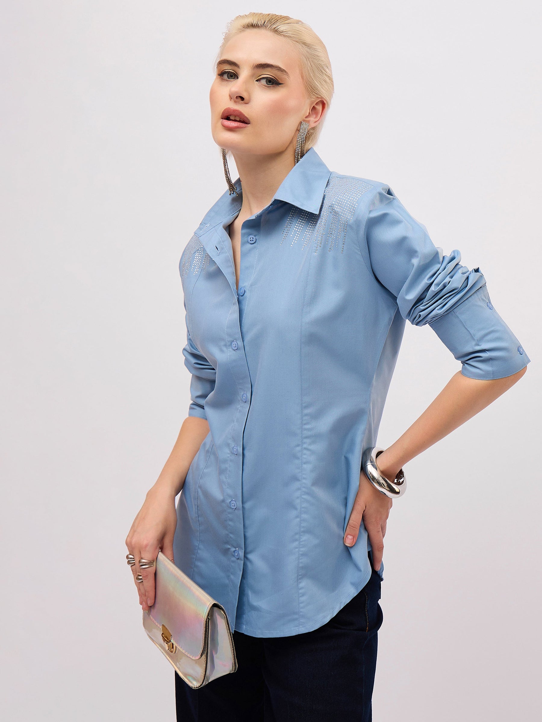 Dull Blue Shoulder Embellished Slim Fit Shirt -SASSAFRAS