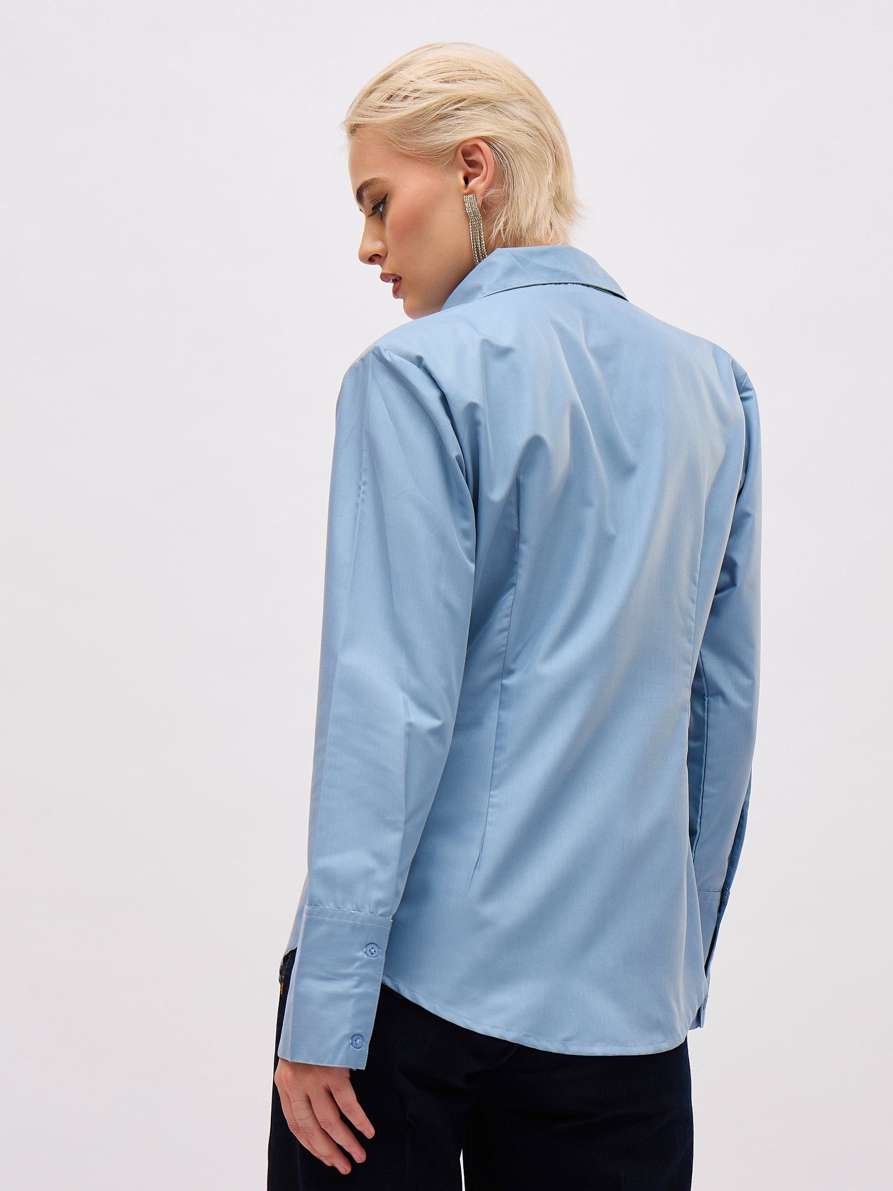 Dull Blue Shoulder Embellished Slim Fit Shirt -SASSAFRAS