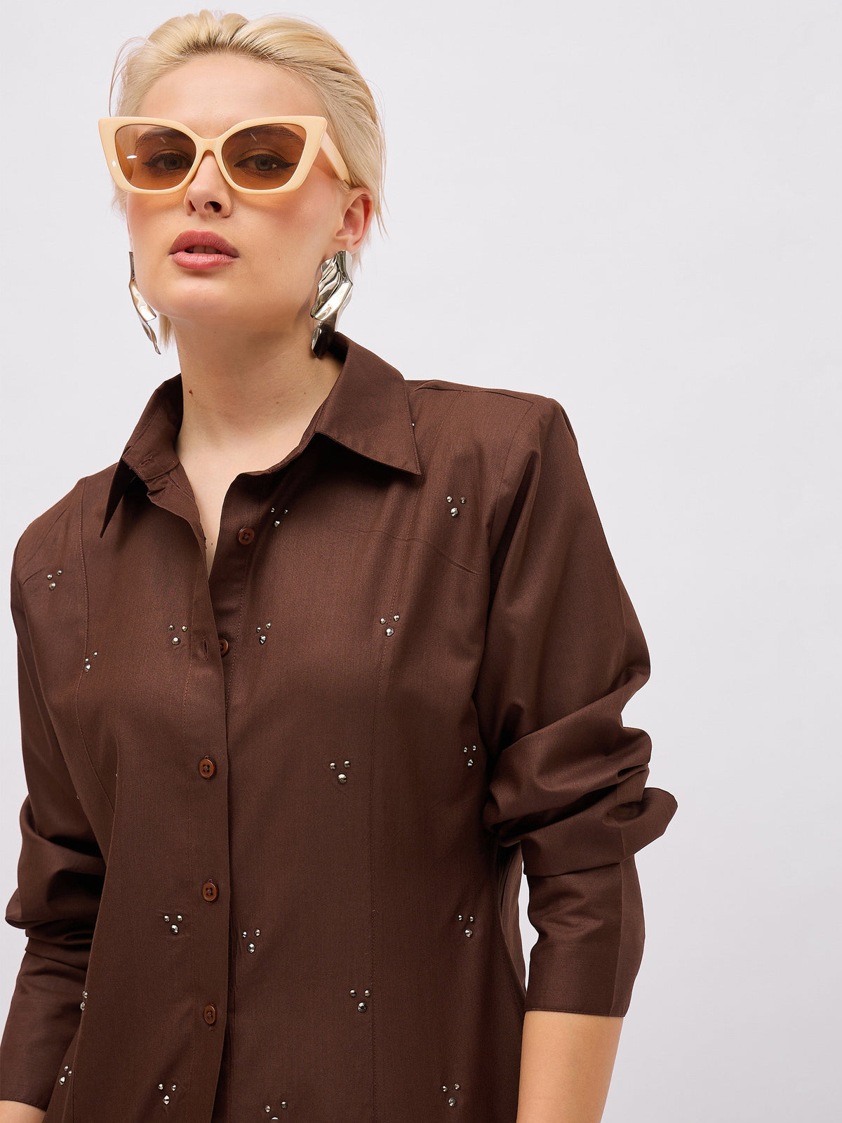 Coffee Brown Front Studded Slim Fit Shirt -SASSAFRAS