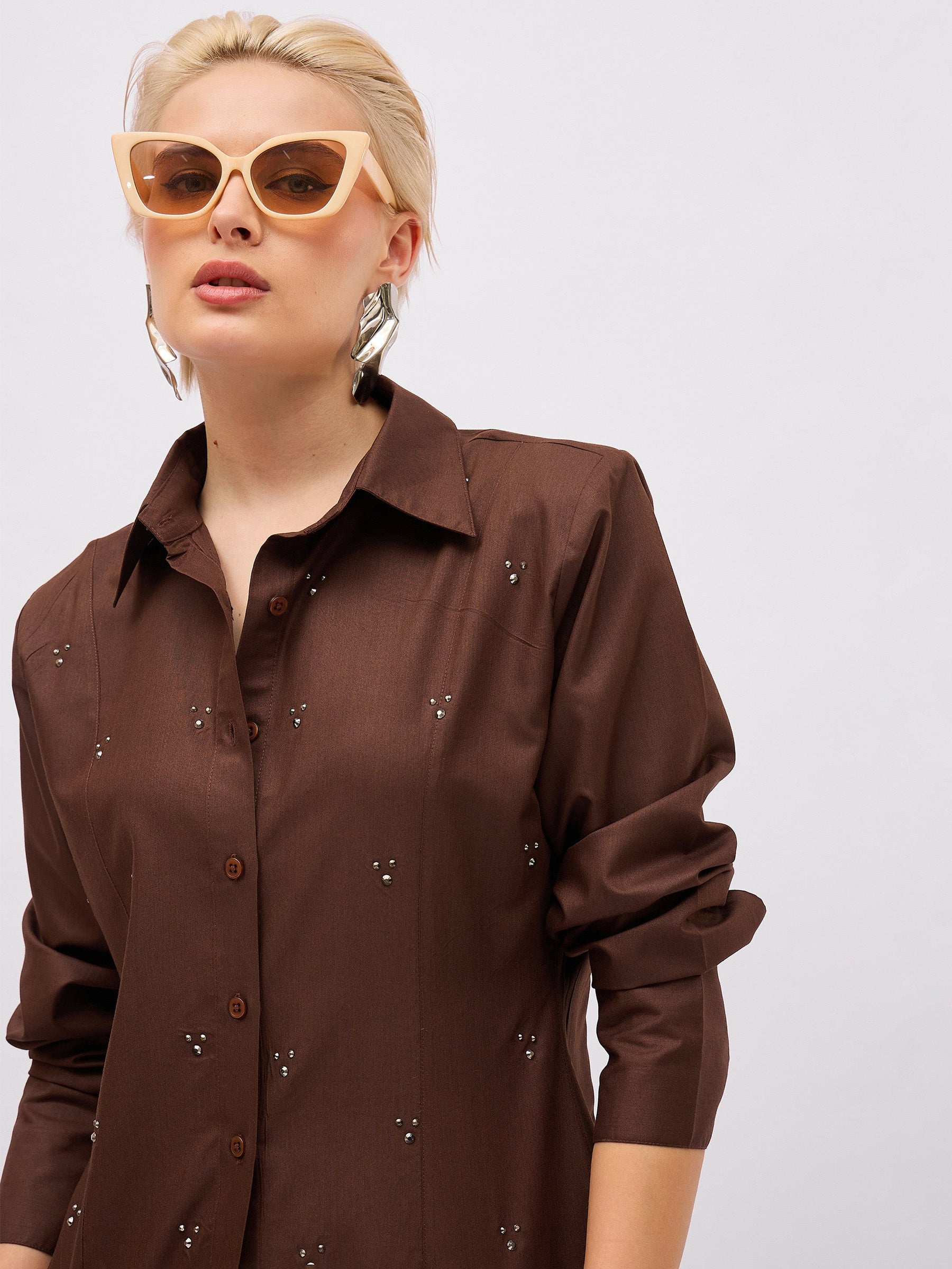 Coffee Brown Front Studded Slim Fit Shirt -SASSAFRAS