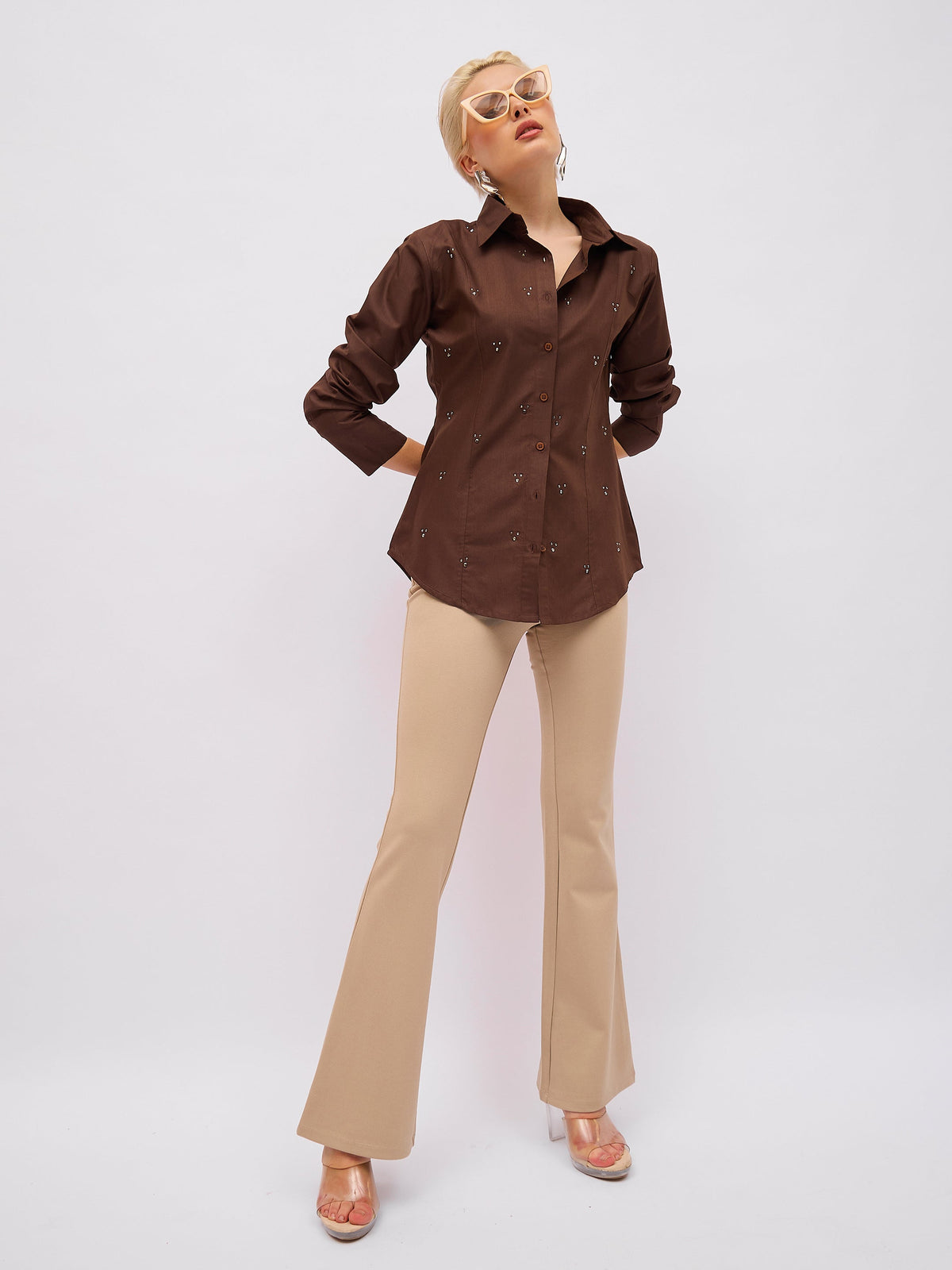 Coffee Brown Front Studded Slim Fit Shirt -SASSAFRAS