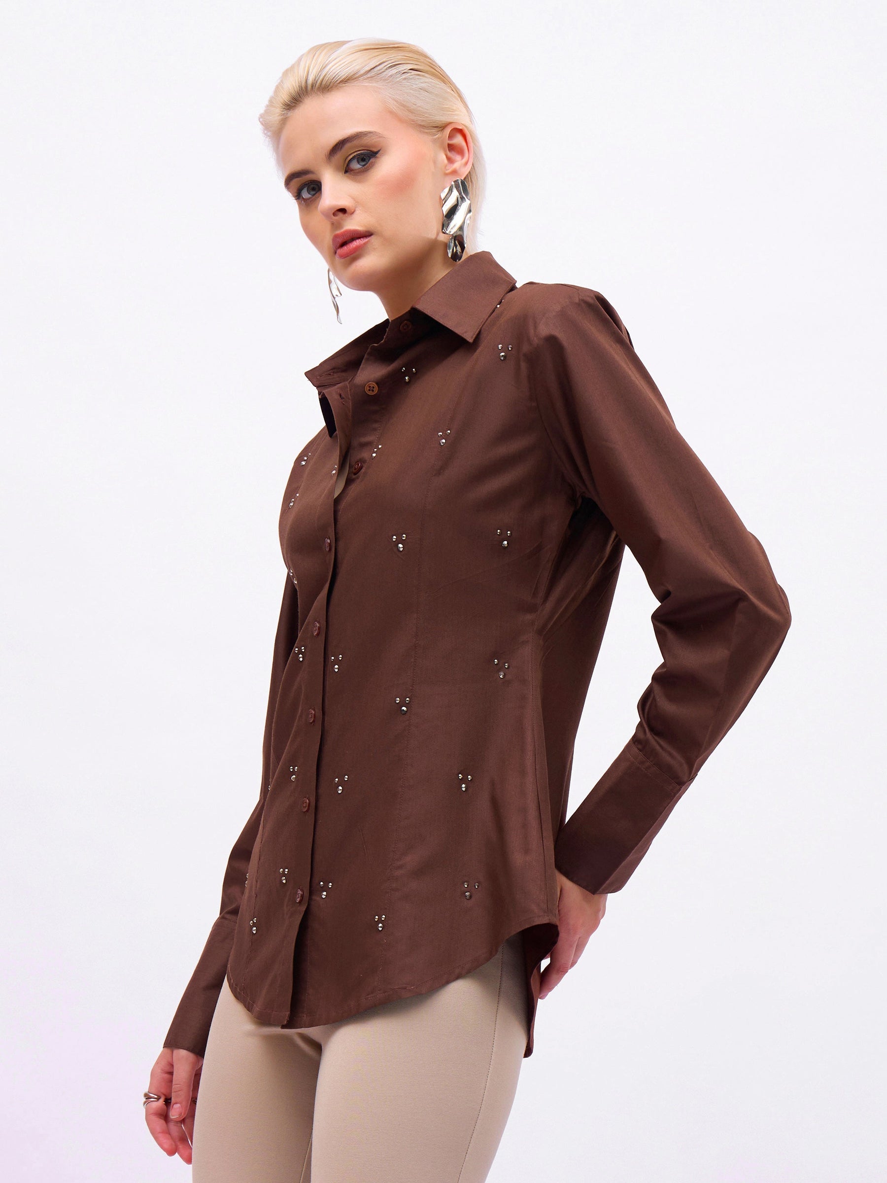 Coffee Brown Front Studded Slim Fit Shirt -SASSAFRAS