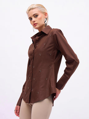 Coffee Brown Front Studded Slim Fit Shirt -SASSAFRAS