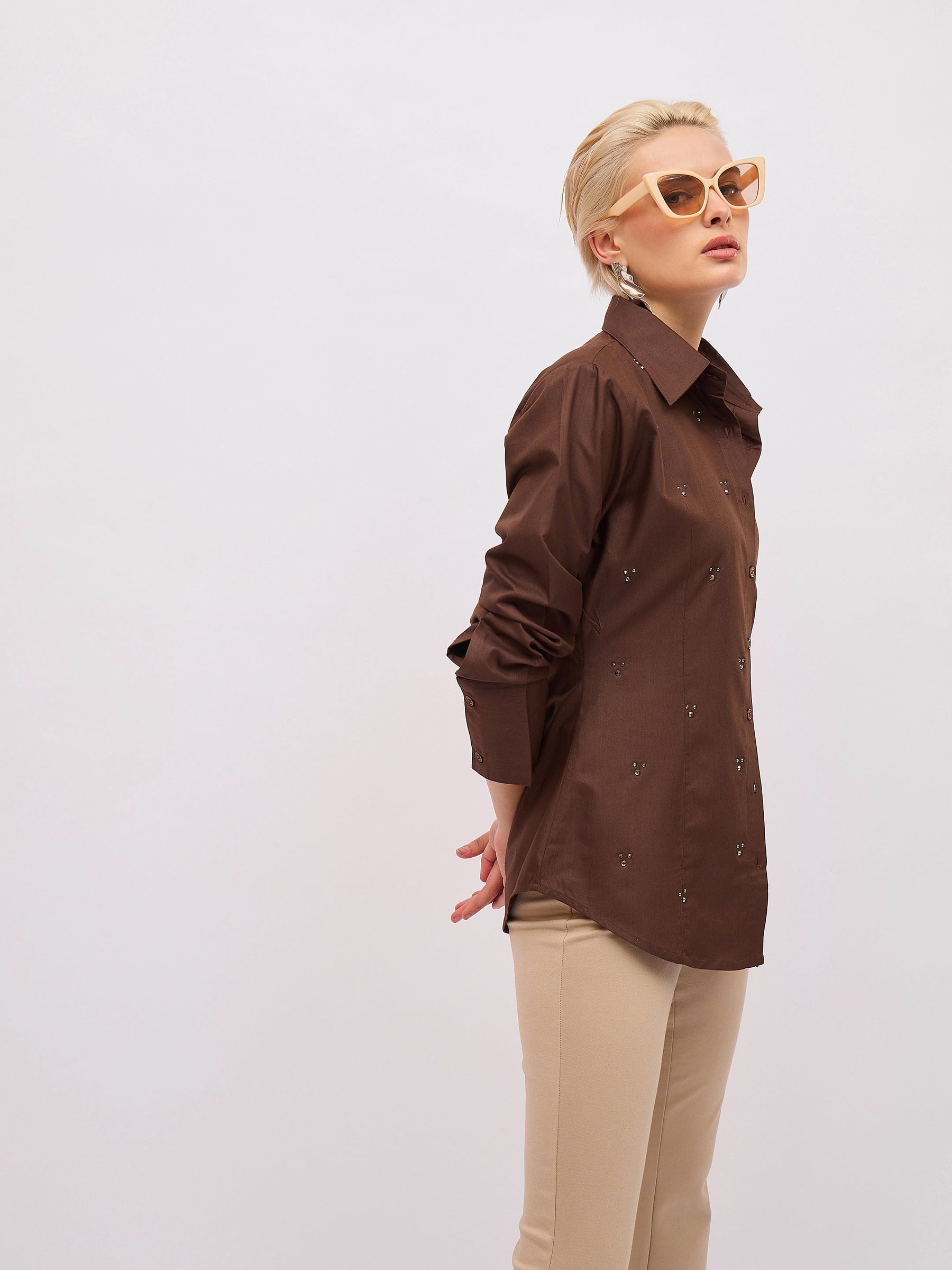 Coffee Brown Front Studded Slim Fit Shirt -SASSAFRAS