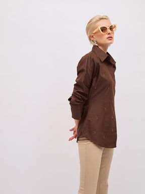 Coffee Brown Front Studded Slim Fit Shirt -SASSAFRAS