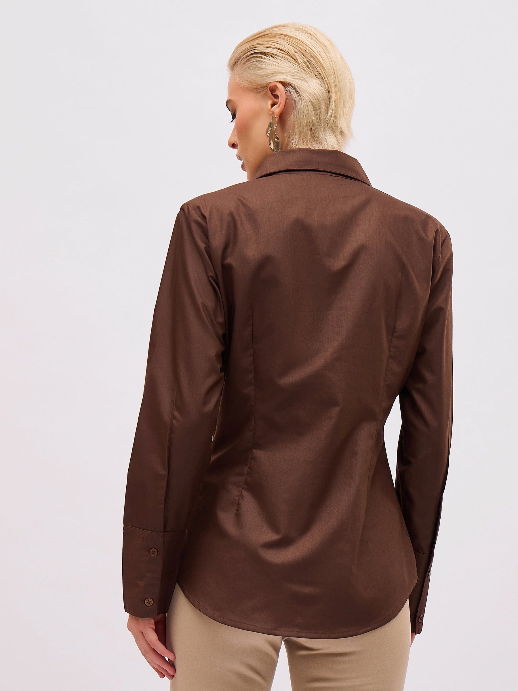Coffee Brown Front Studded Slim Fit Shirt -SASSAFRAS