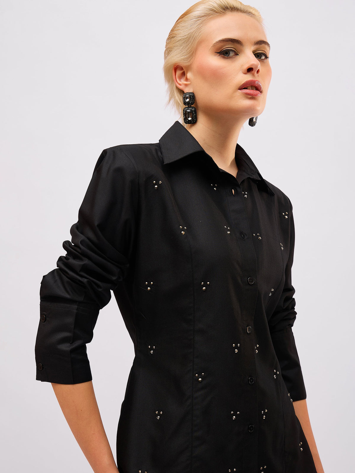 Black Front Studded Slim Fit Shirt -SASSAFRAS
