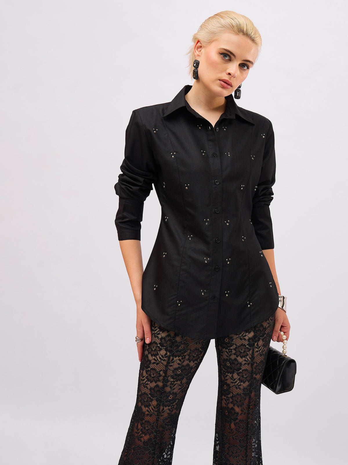 Black Front Studded Slim Fit Shirt -SASSAFRAS