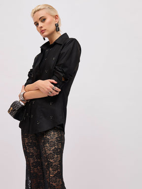 Black Front Studded Slim Fit Shirt -SASSAFRAS
