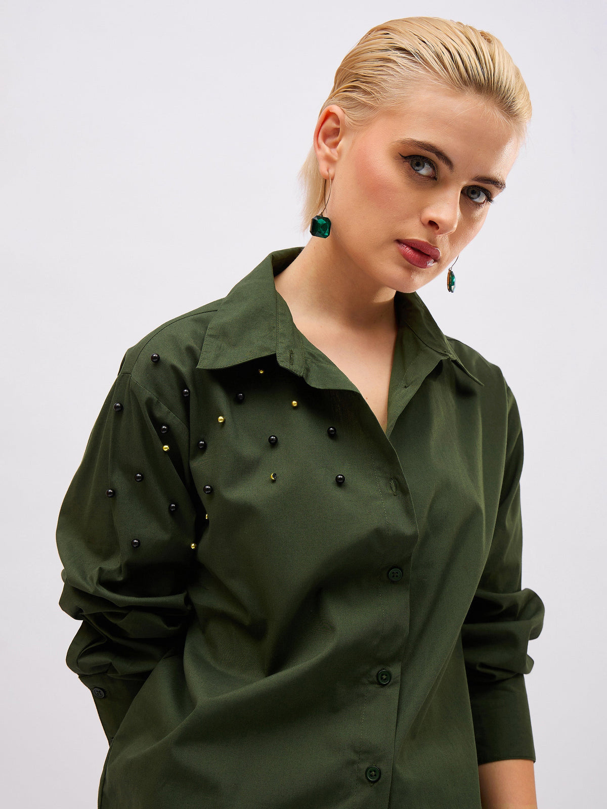 Olive Pearl Studded Regular Shirt -SASSAFRAS