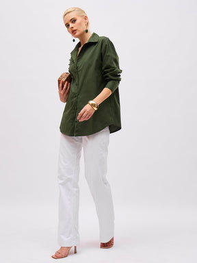 Olive Pearl Studded Regular Shirt -SASSAFRAS