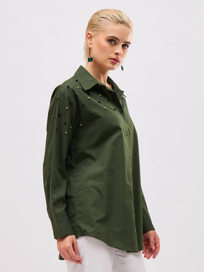 Olive Pearl Studded Regular Shirt -SASSAFRAS