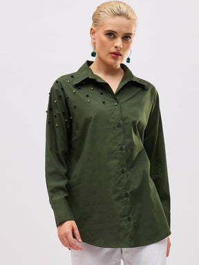 Olive Pearl Studded Regular Shirt -SASSAFRAS