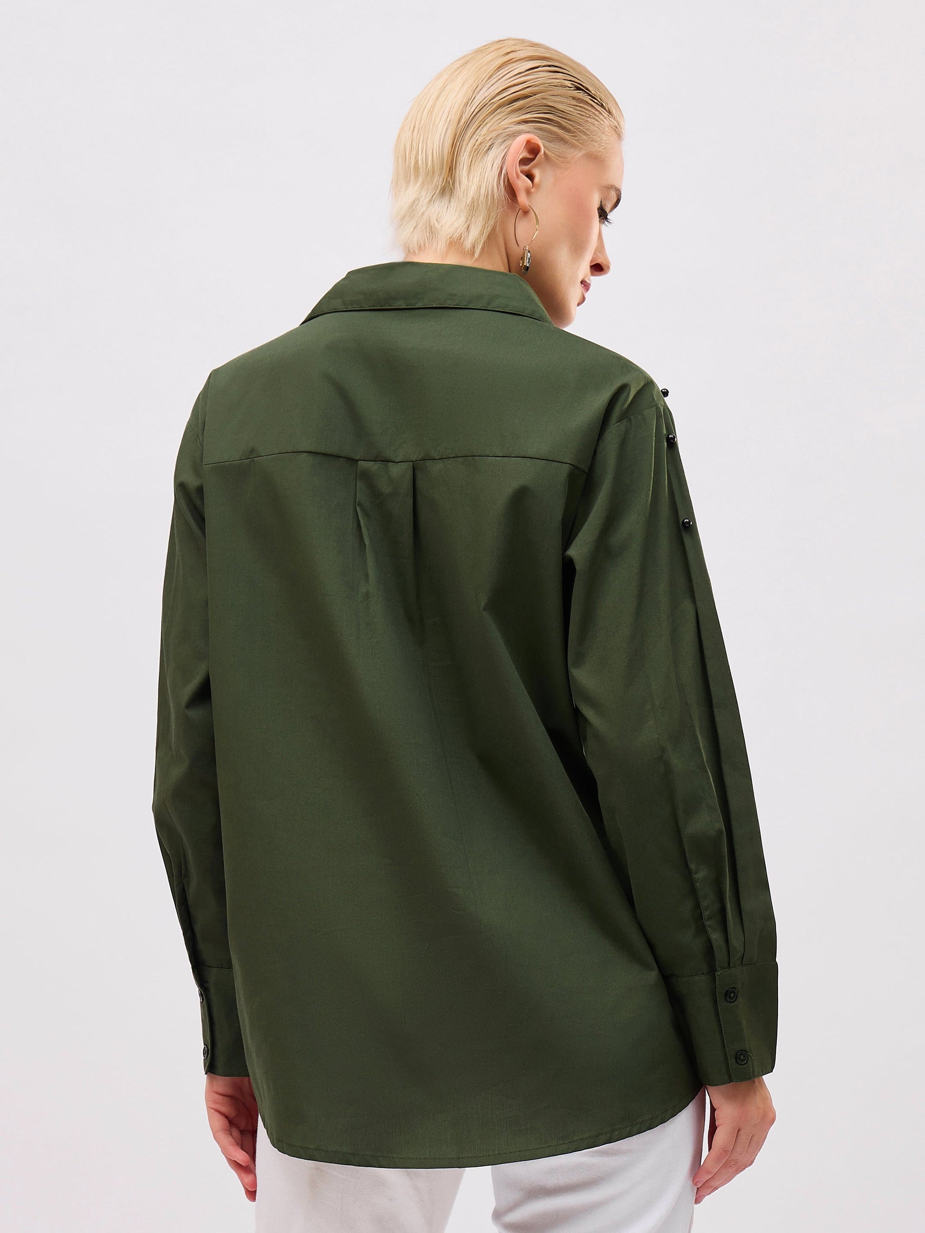 Olive Pearl Studded Regular Shirt -SASSAFRAS