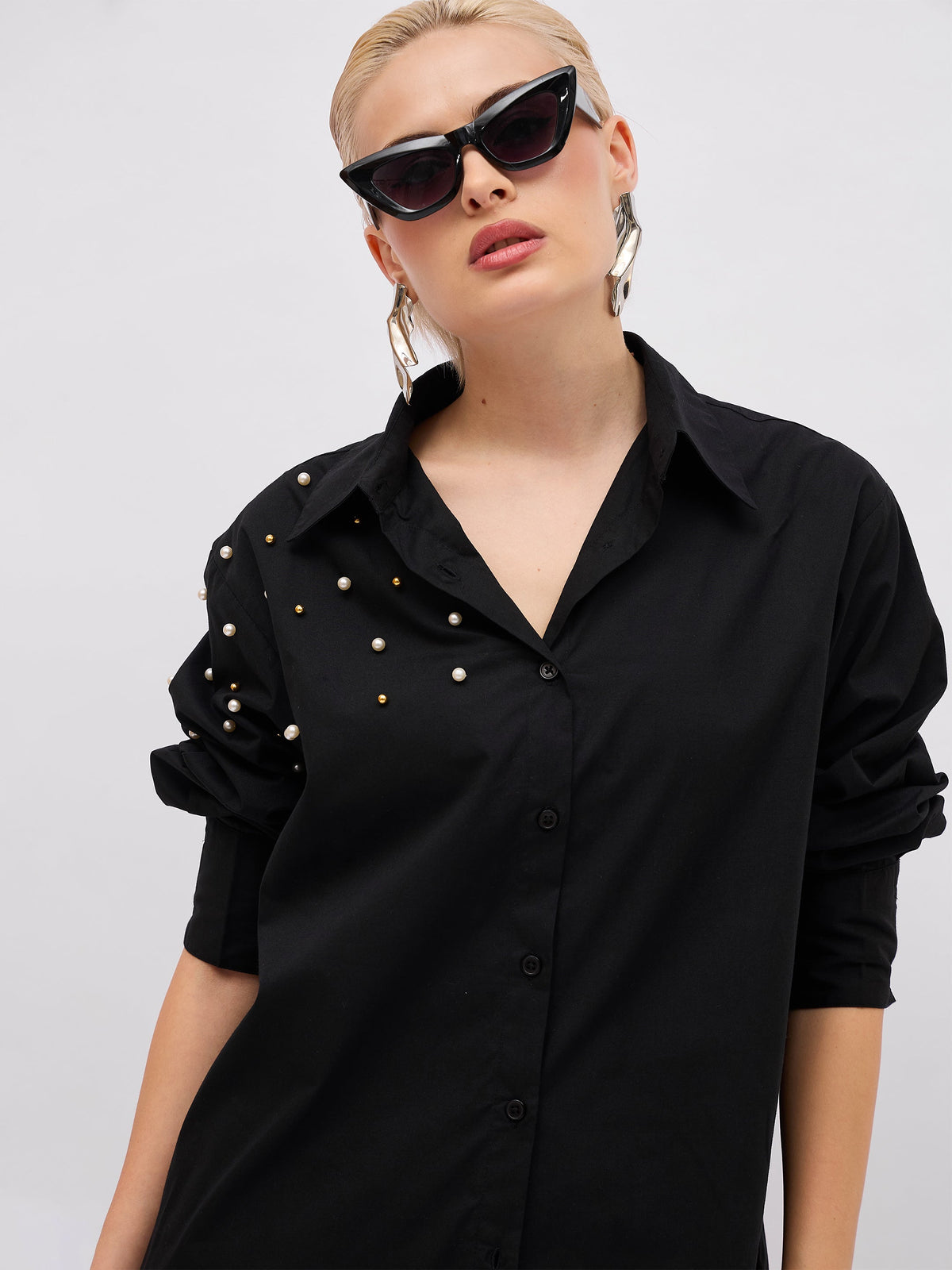 Black Pearl Studded Regular Shirt -SASSAFRAS