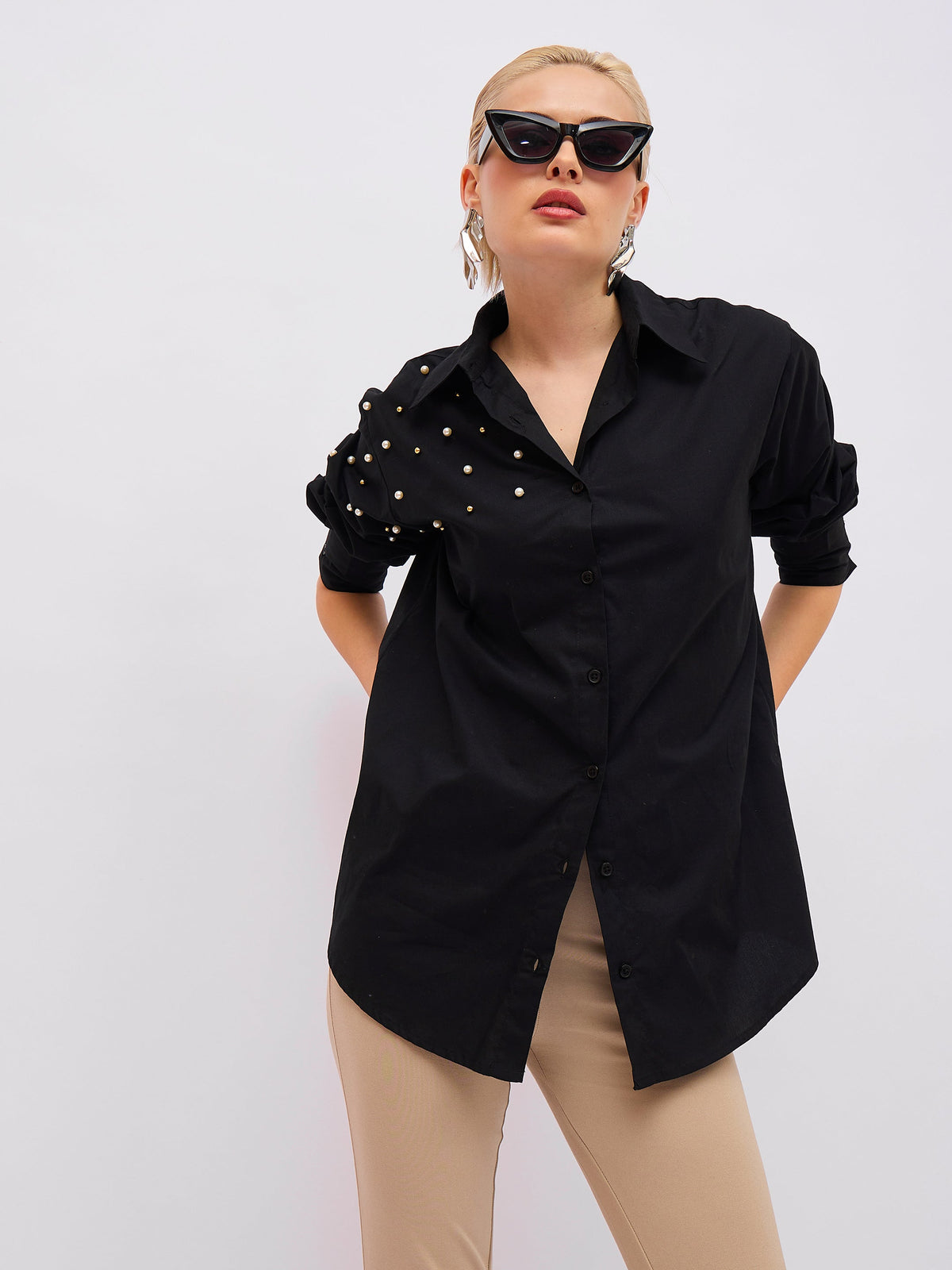 Black Pearl Studded Regular Shirt -SASSAFRAS