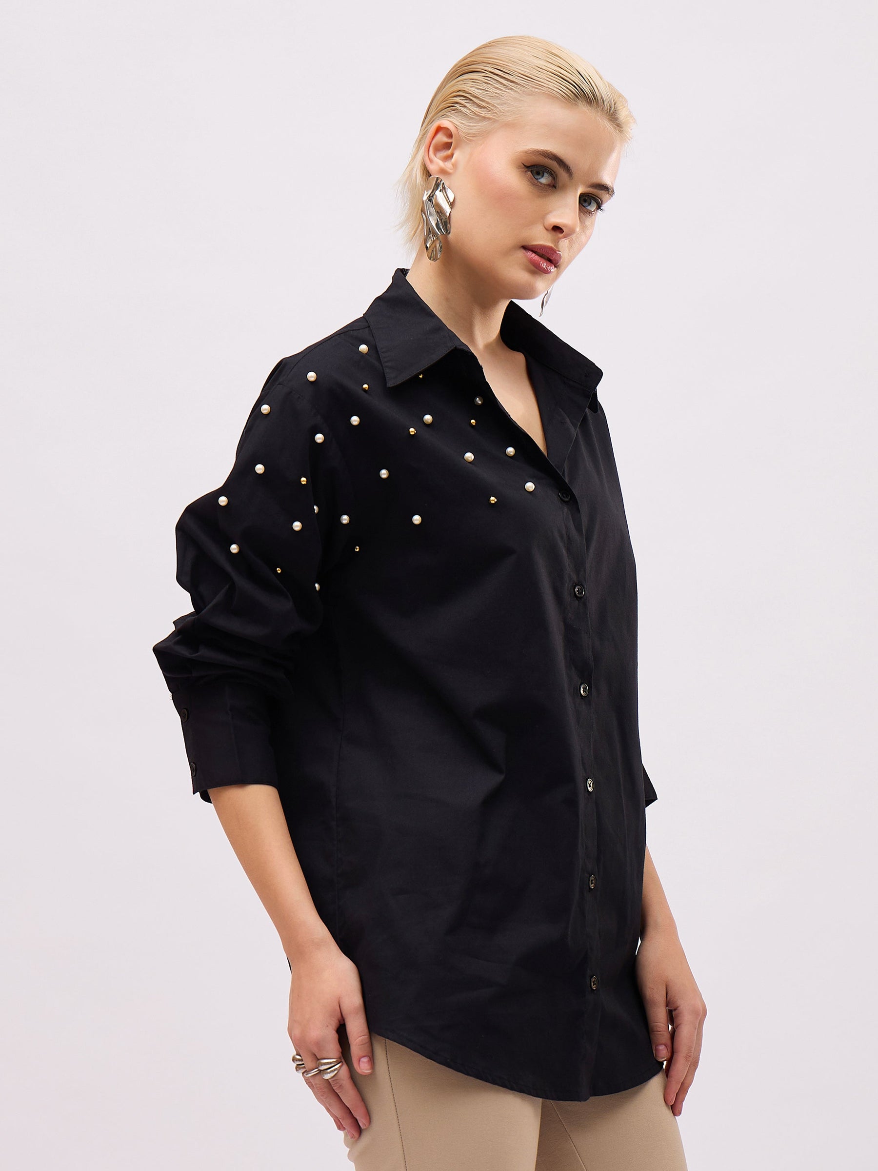 Black Pearl Studded Regular Shirt -SASSAFRAS