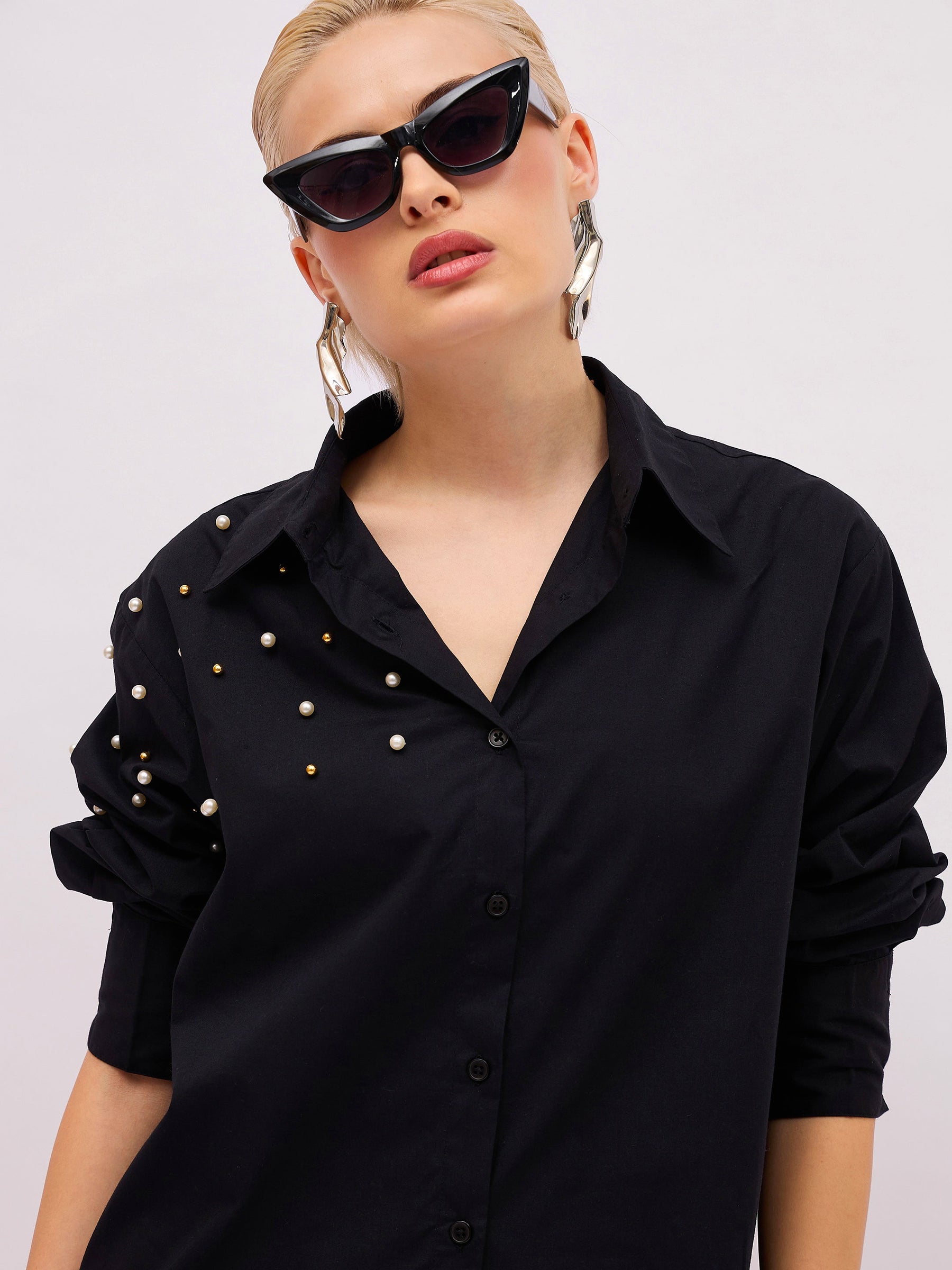 Black Pearl Studded Regular Shirt -SASSAFRAS