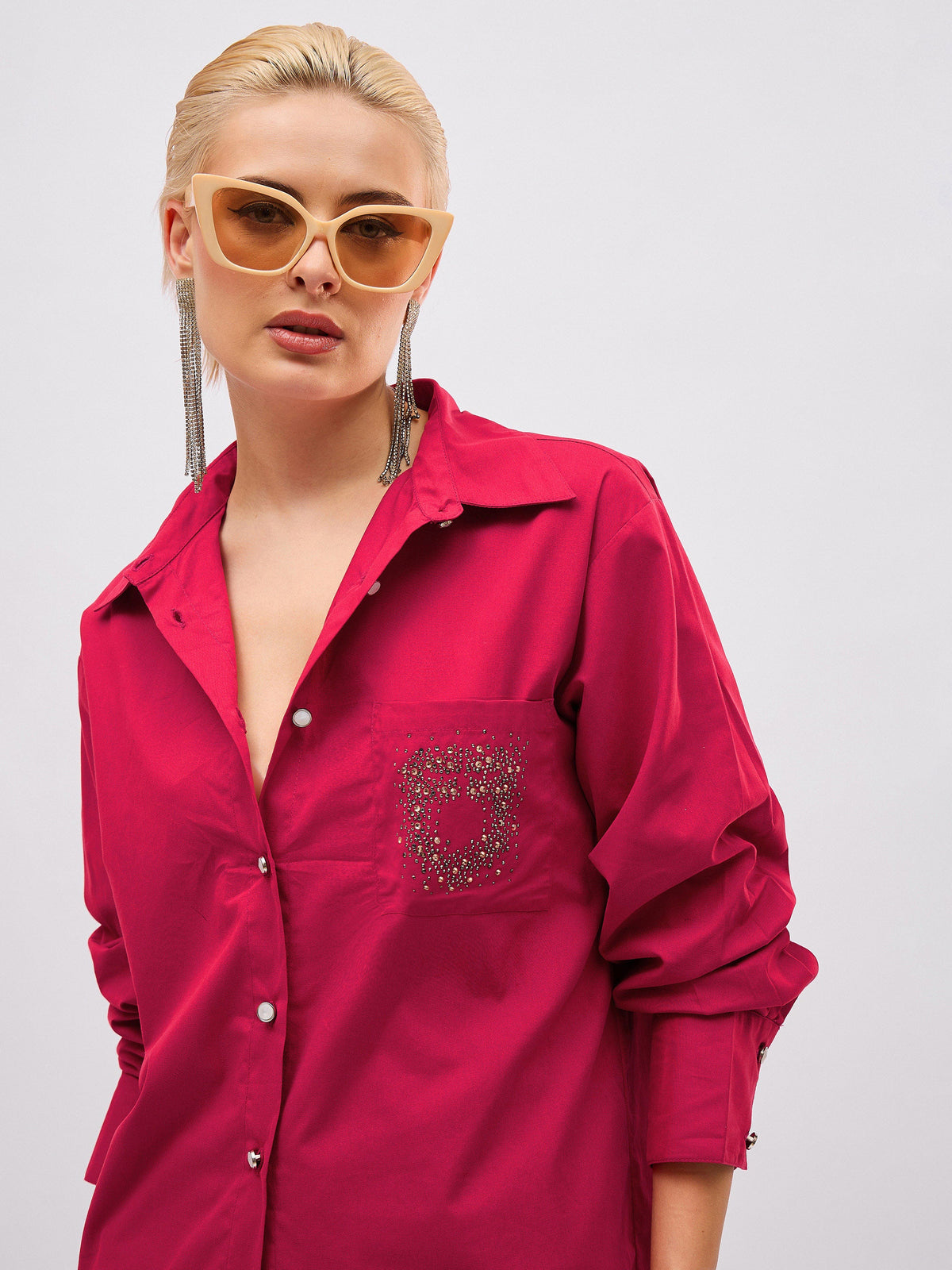 Fuchsia Pocket Rhinestone Embellished Regular Shirt -SASSAFRAS