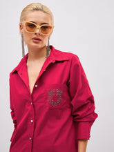 Fuchsia Pocket Rhinestone Embellished Regular Shirt -SASSAFRAS