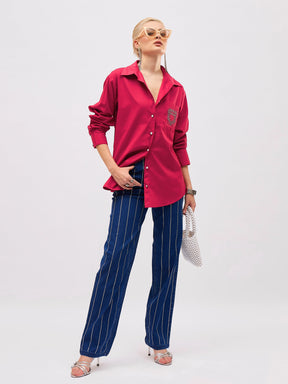 Fuchsia Pocket Rhinestone Embellished Regular Shirt -SASSAFRAS
