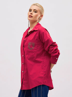 Fuchsia Pocket Rhinestone Embellished Regular Shirt -SASSAFRAS