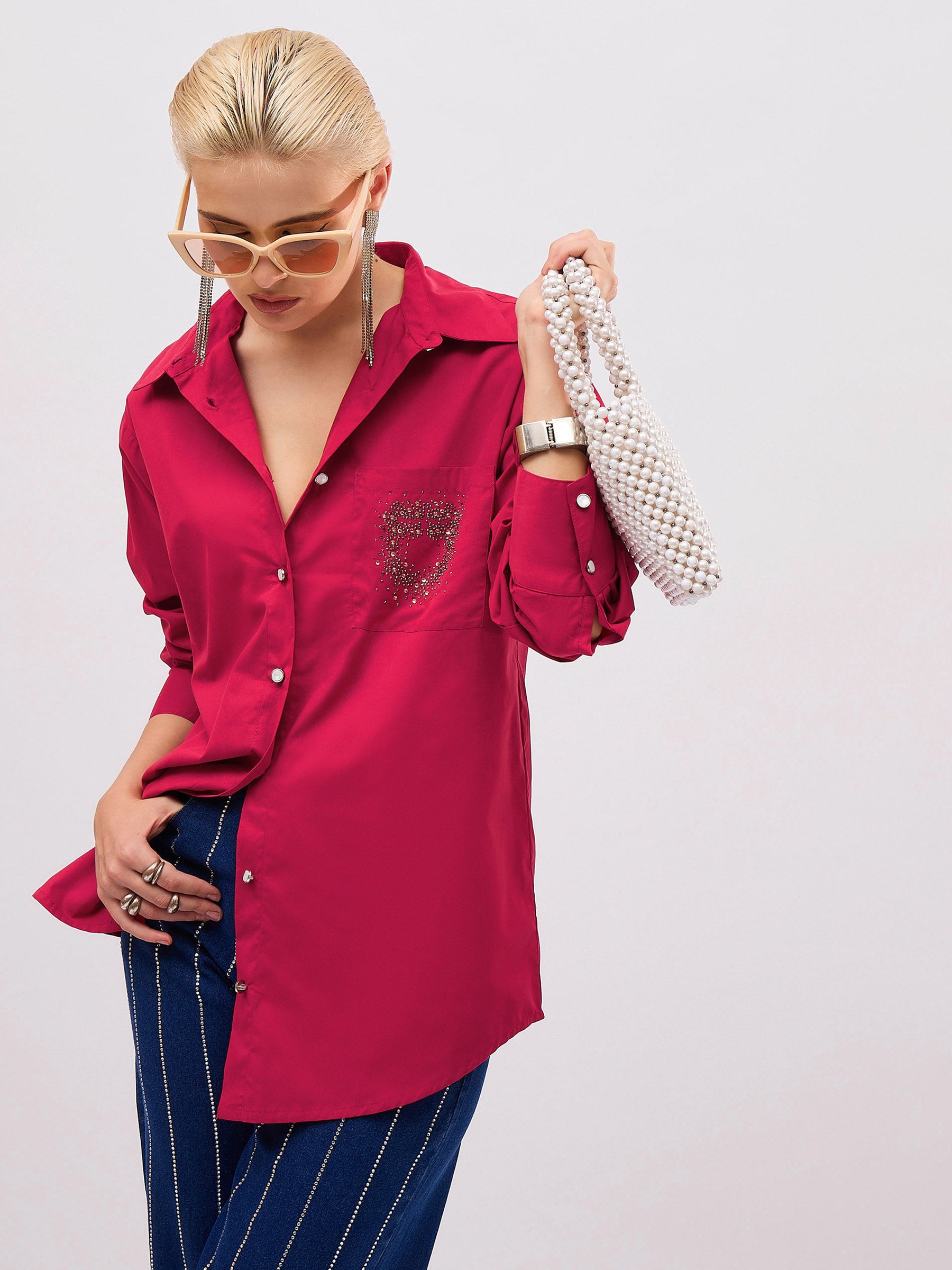 Fuchsia Pocket Rhinestone Embellished Regular Shirt -SASSAFRAS