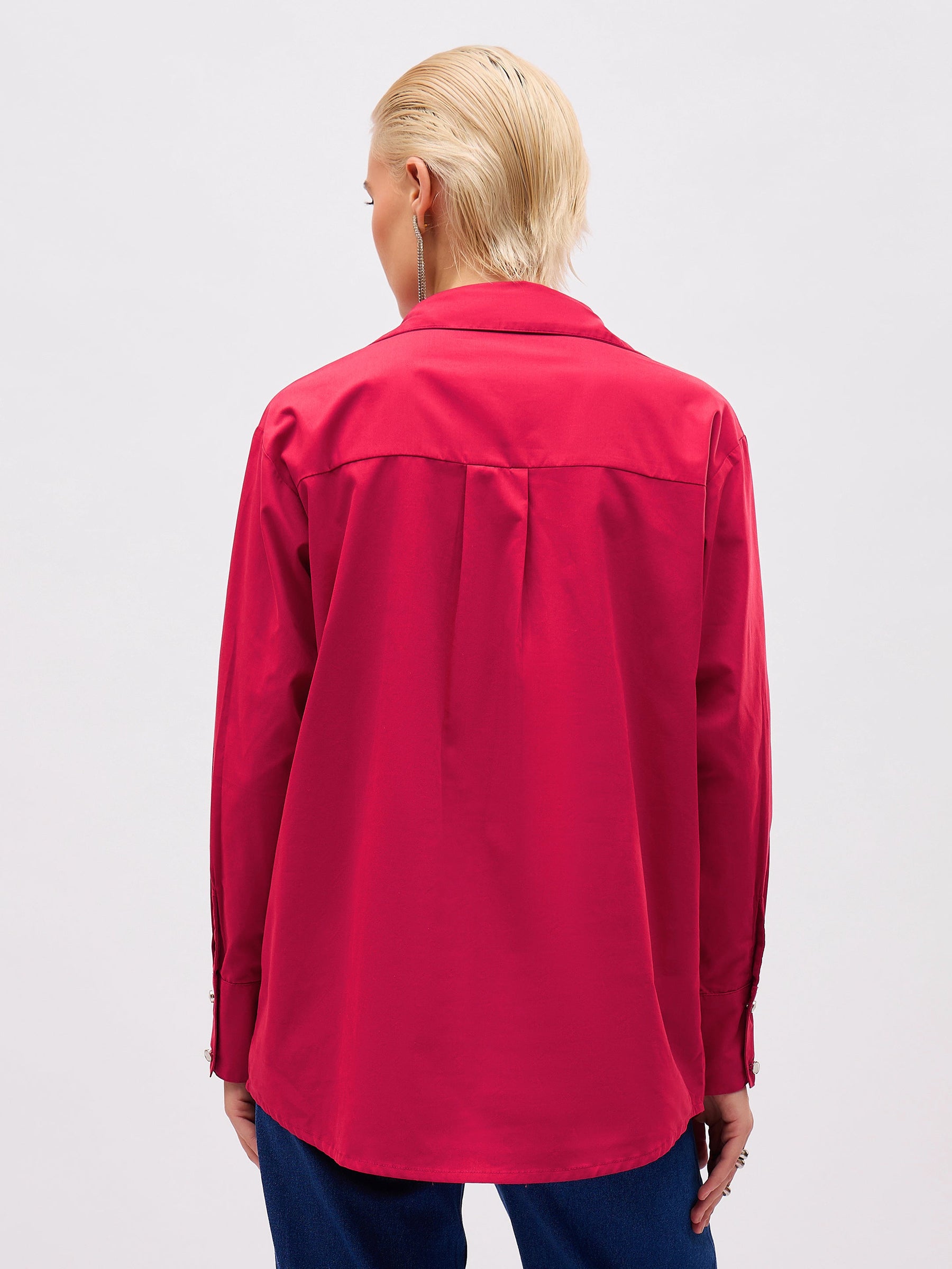 Fuchsia Pocket Rhinestone Embellished Regular Shirt -SASSAFRAS