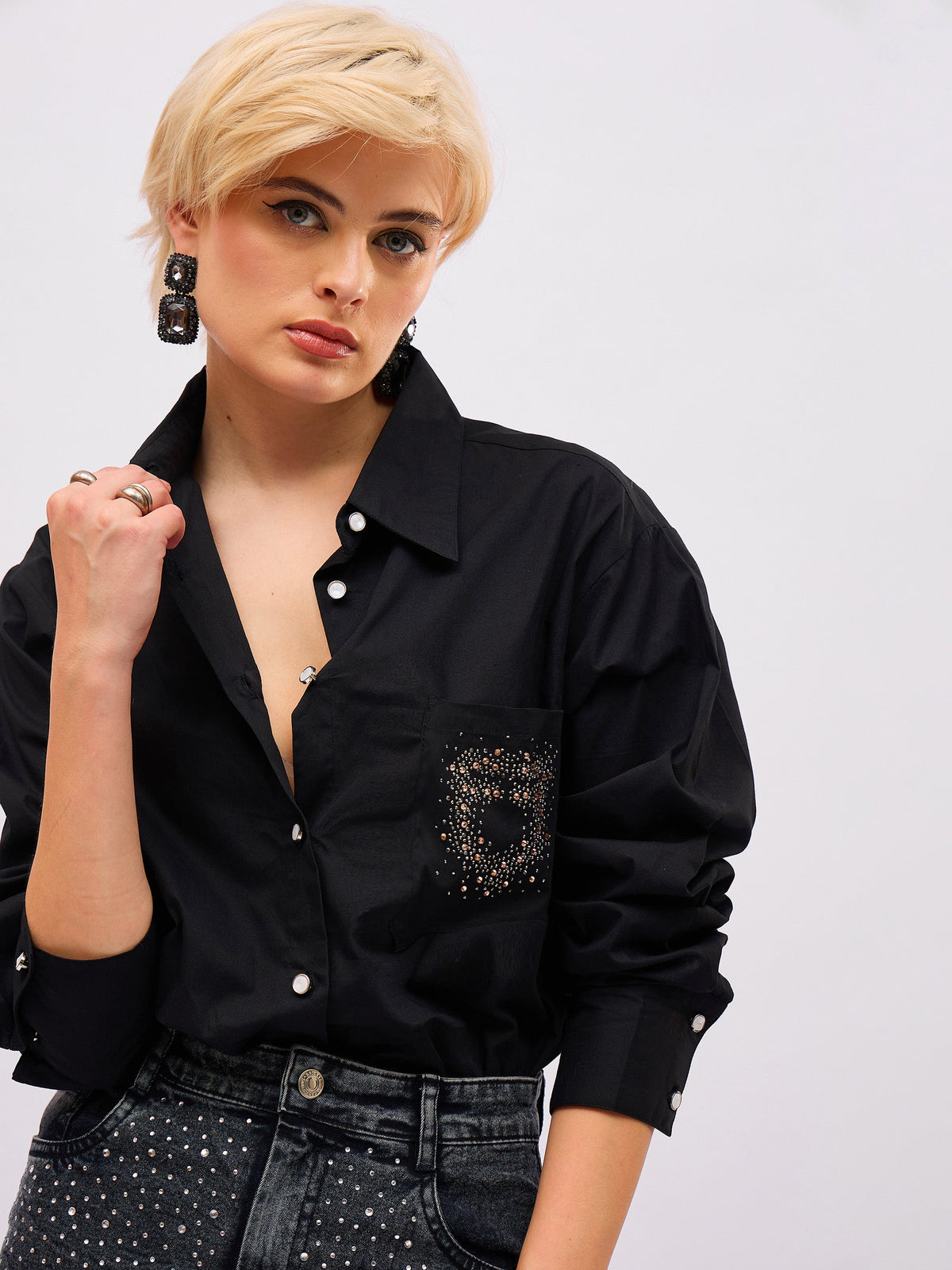Black Pocket Rhinestone Embellished Regular Shirt -SASSAFRAS