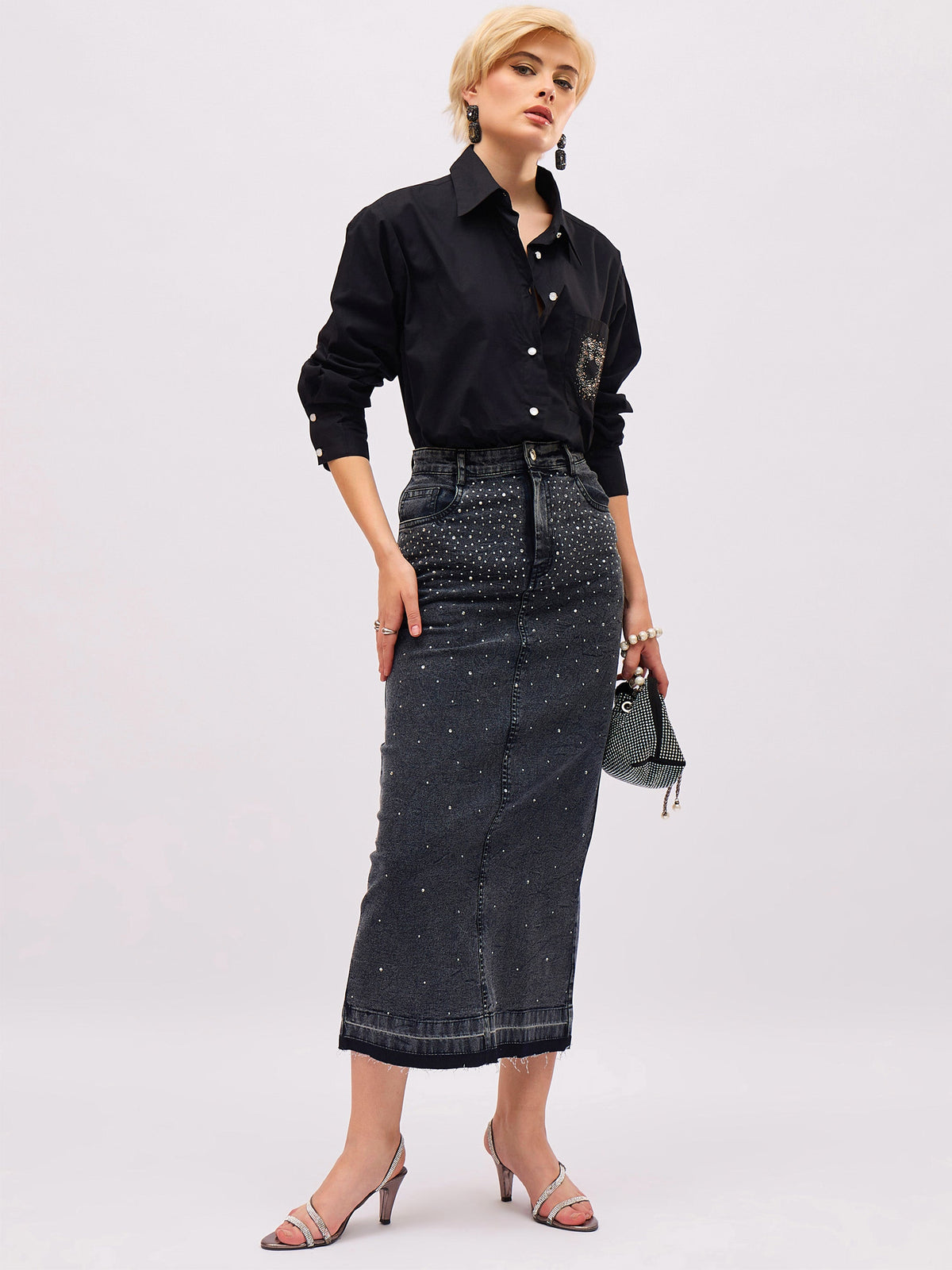 Black Pocket Rhinestone Embellished Regular Shirt -SASSAFRAS
