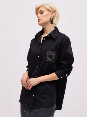 Black Pocket Rhinestone Embellished Regular Shirt -SASSAFRAS