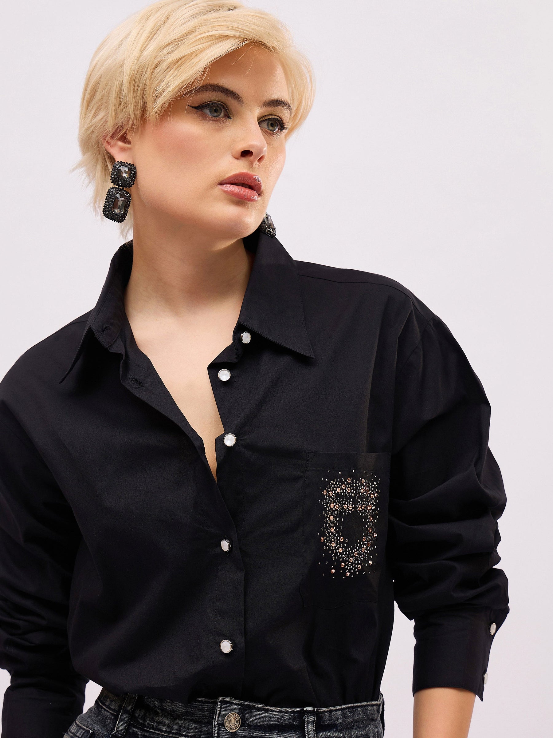 Black Pocket Rhinestone Embellished Regular Shirt -SASSAFRAS