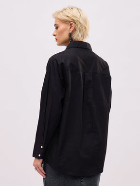 Black Pocket Rhinestone Embellished Regular Shirt -SASSAFRAS