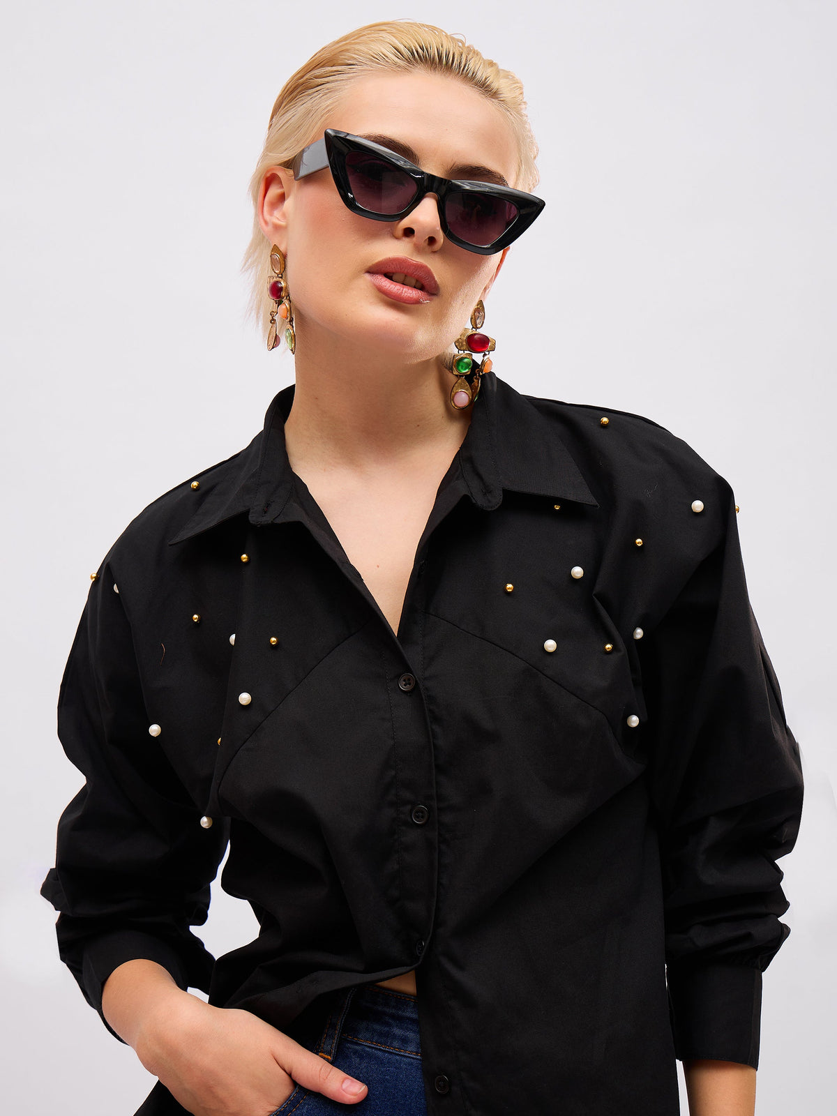 Black Raglan Sleeve Pearl Studded Regular Shirt -SASSAFRAS