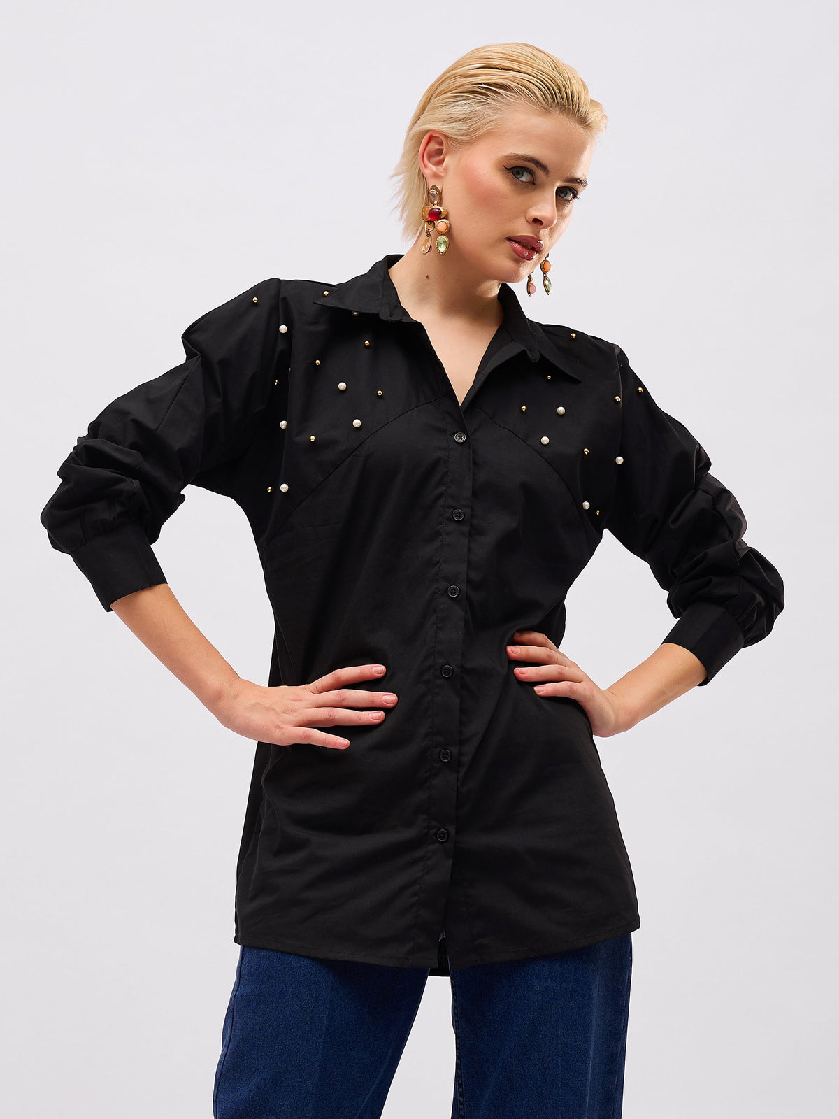 Black Raglan Sleeve Pearl Studded Regular Shirt -SASSAFRAS
