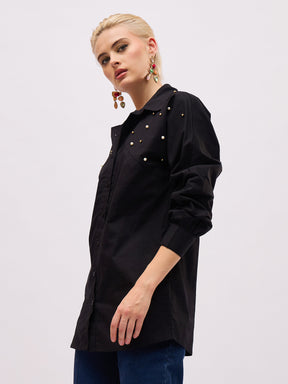 Black Raglan Sleeve Pearl Studded Regular Shirt -SASSAFRAS