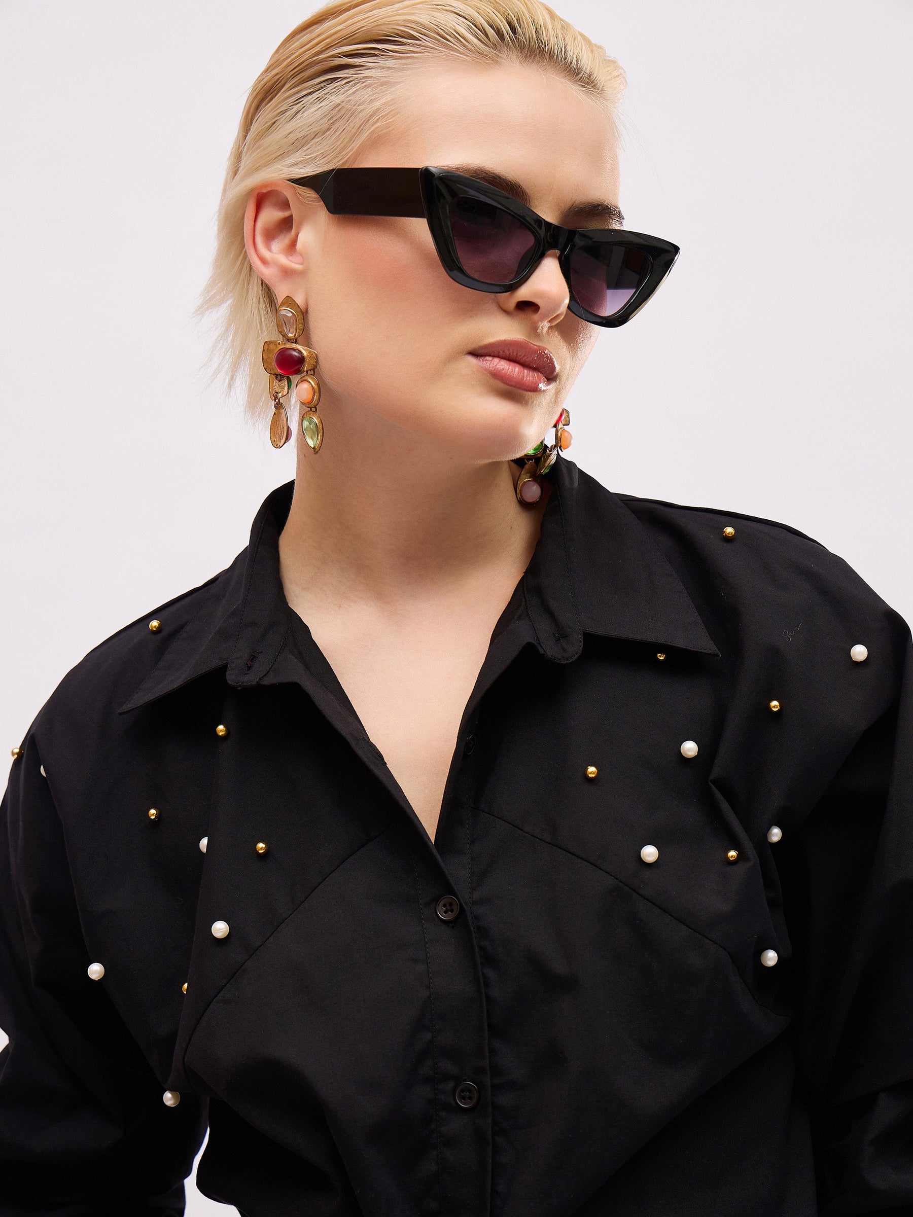 Black Raglan Sleeve Pearl Studded Regular Shirt -SASSAFRAS