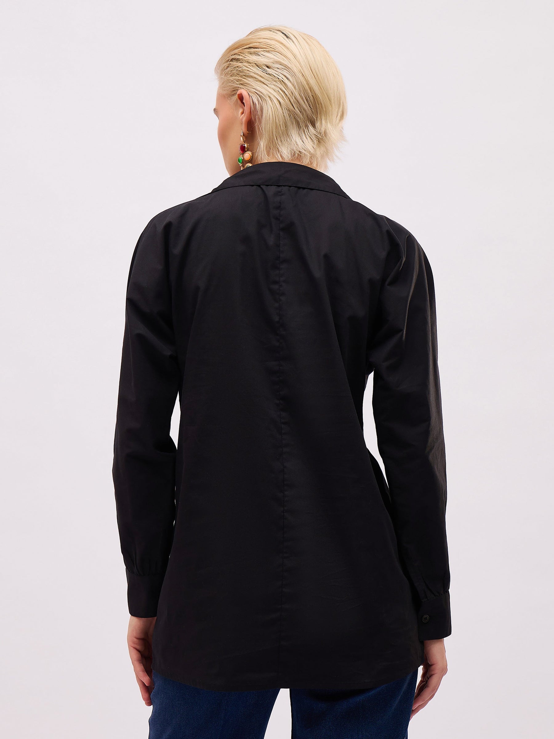 Black Raglan Sleeve Pearl Studded Regular Shirt -SASSAFRAS