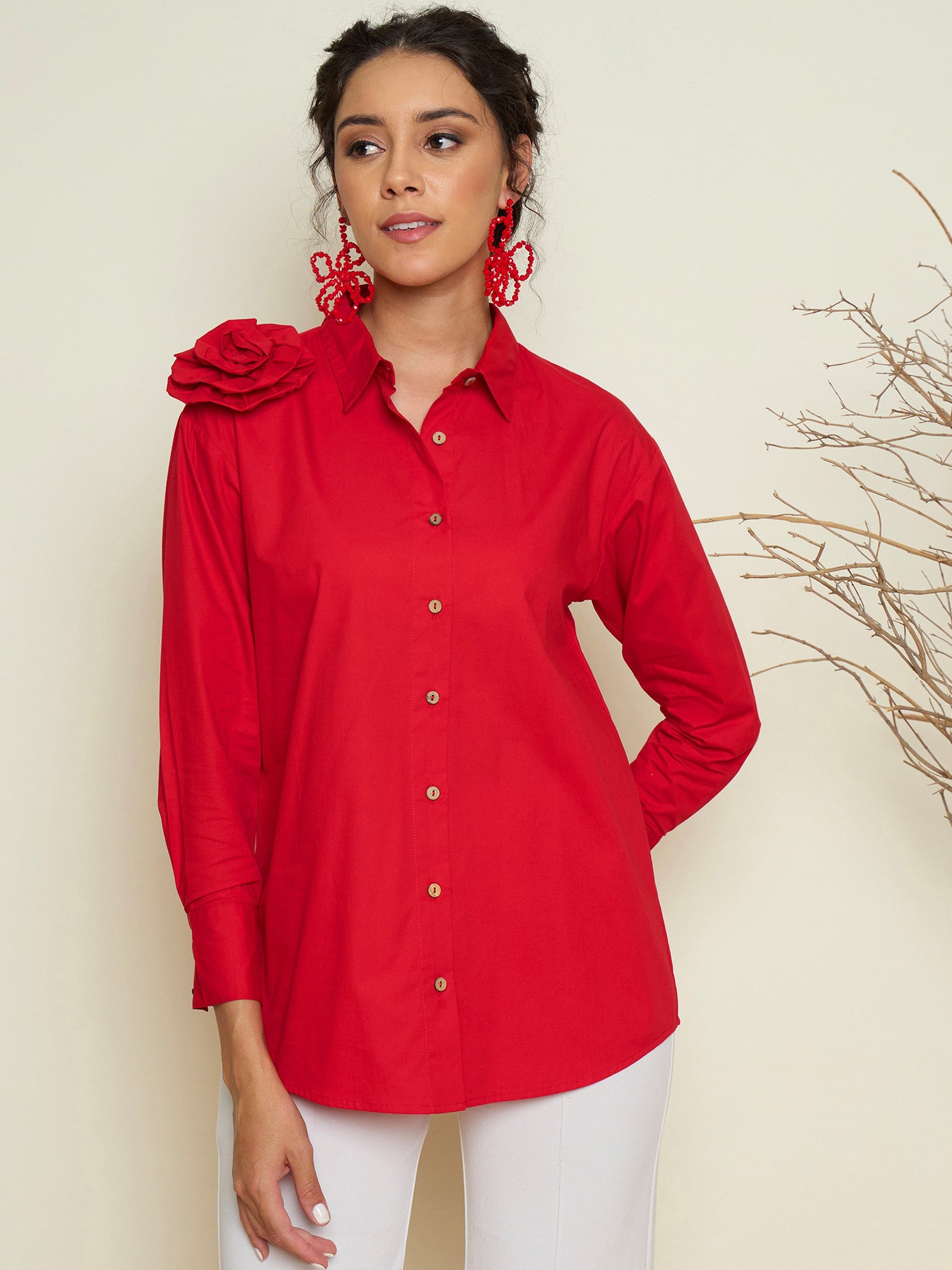Red Poplin Shoulder Corsage Regular Shirt-Pink Paprika By SASSAFRAS
