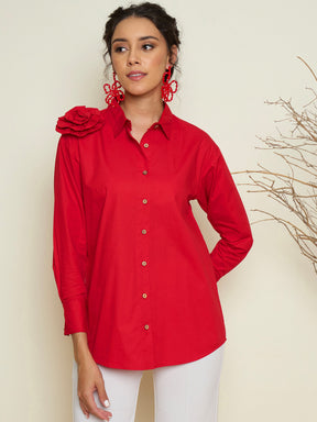 Red Poplin Shoulder Corsage Regular Shirt-Pink Paprika By SASSAFRAS