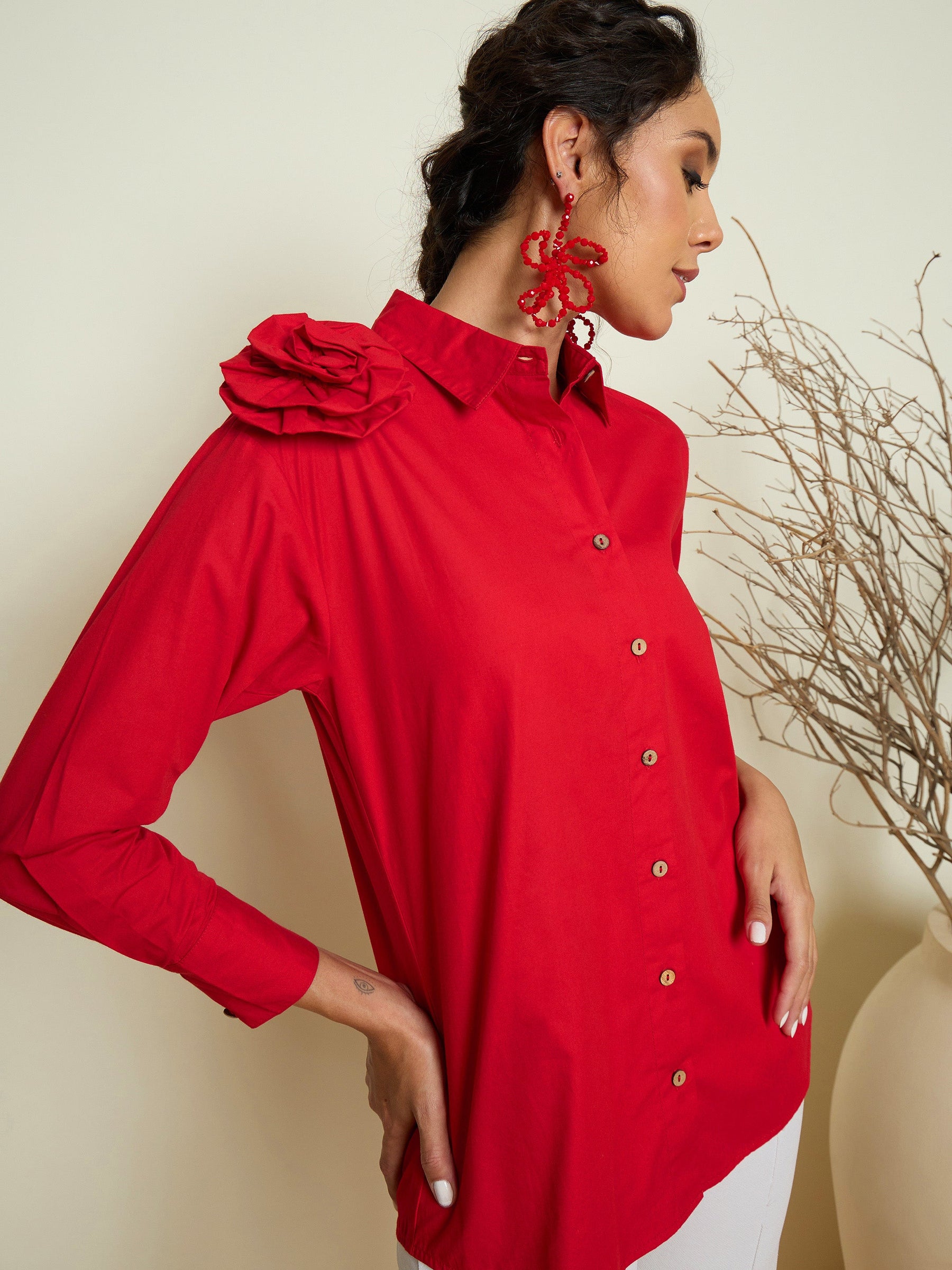 Red Poplin Shoulder Corsage Regular Shirt-Pink Paprika By SASSAFRAS