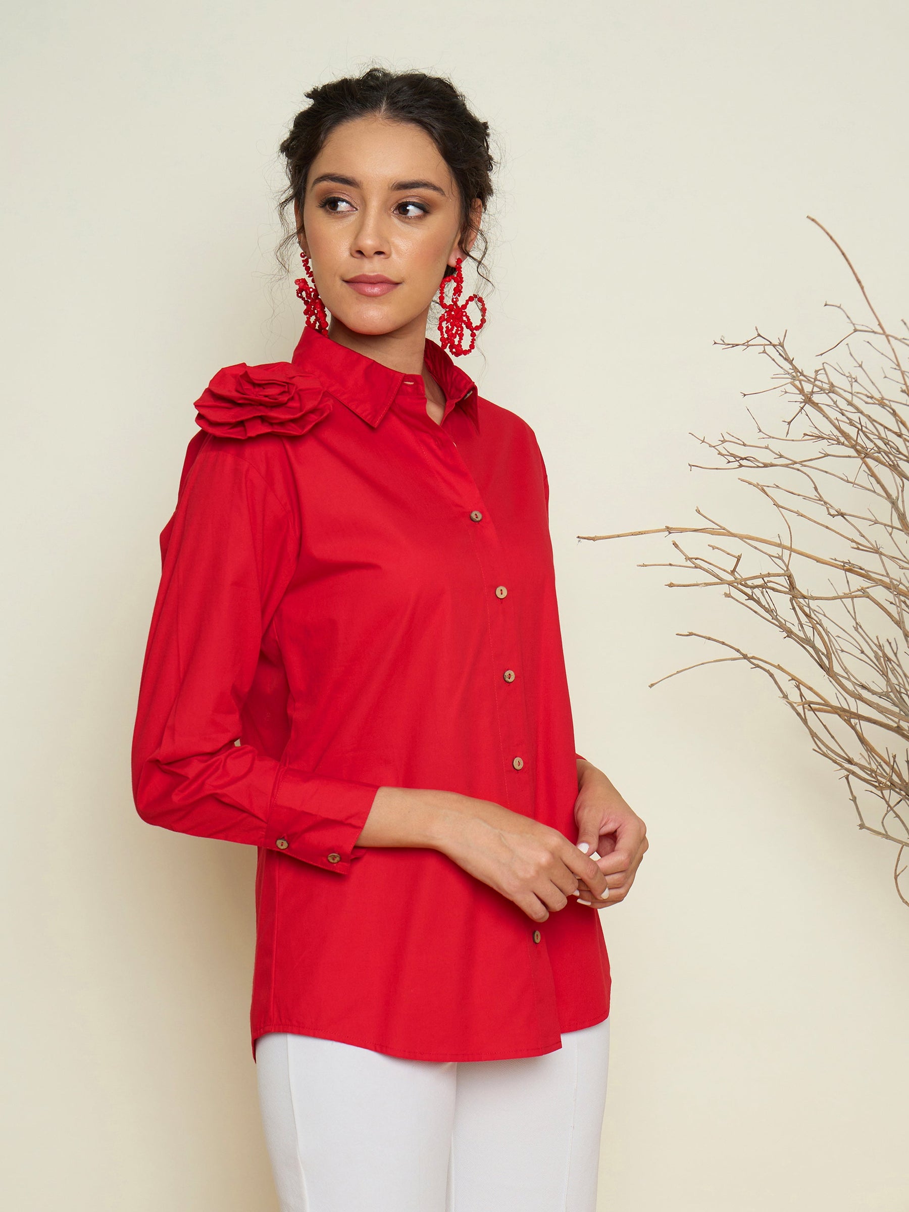 Red Poplin Shoulder Corsage Regular Shirt-Pink Paprika By SASSAFRAS