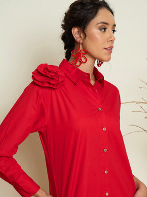 Red Poplin Shoulder Corsage Regular Shirt-Pink Paprika By SASSAFRAS