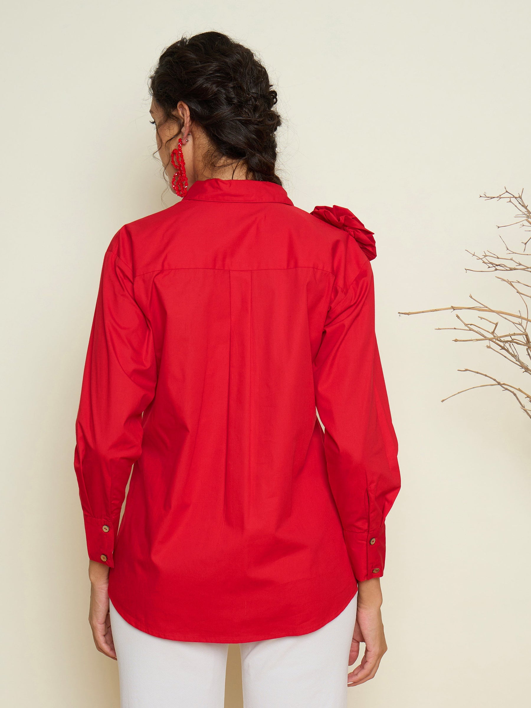 Red Poplin Shoulder Corsage Regular Shirt-Pink Paprika By SASSAFRAS