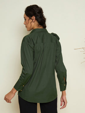 Olive Poplin Shoulder Corsage Regular Shirt-Pink Paprika By SASSAFRAS