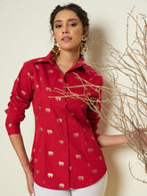Fuchsia Foil Print Shoulder Padded Slim Fit Poplin Shirt-Pink Paprika By SASSAFRAS