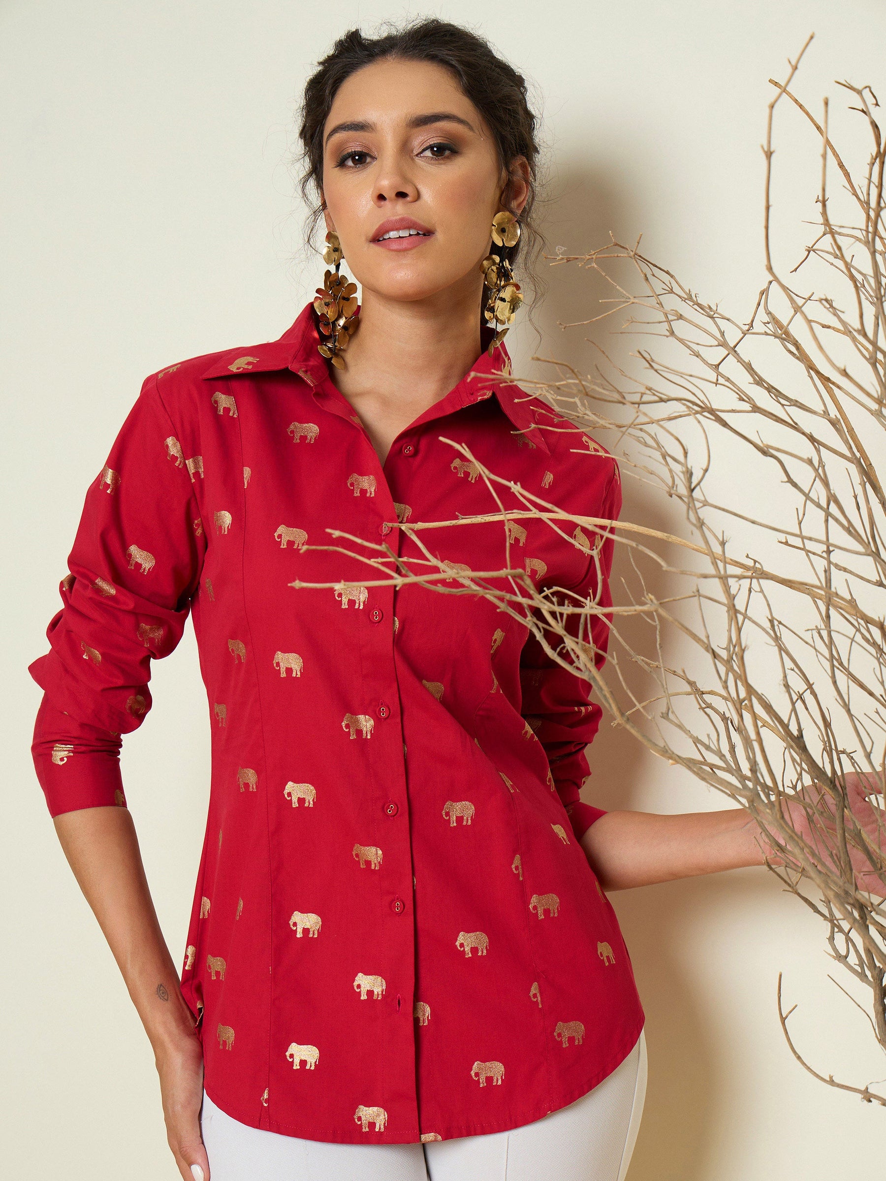 Fuchsia Foil Print Shoulder Padded Slim Fit Poplin Shirt-Pink Paprika By SASSAFRAS