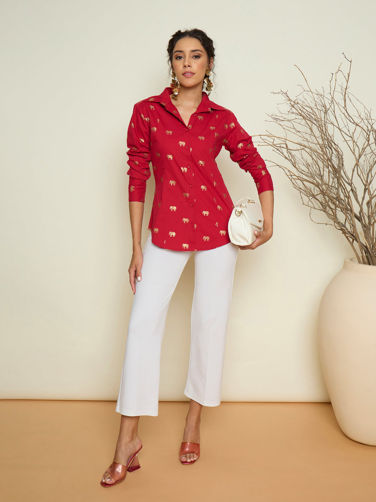 Fuchsia Foil Print Shoulder Padded Slim Fit Poplin Shirt-Pink Paprika By SASSAFRAS