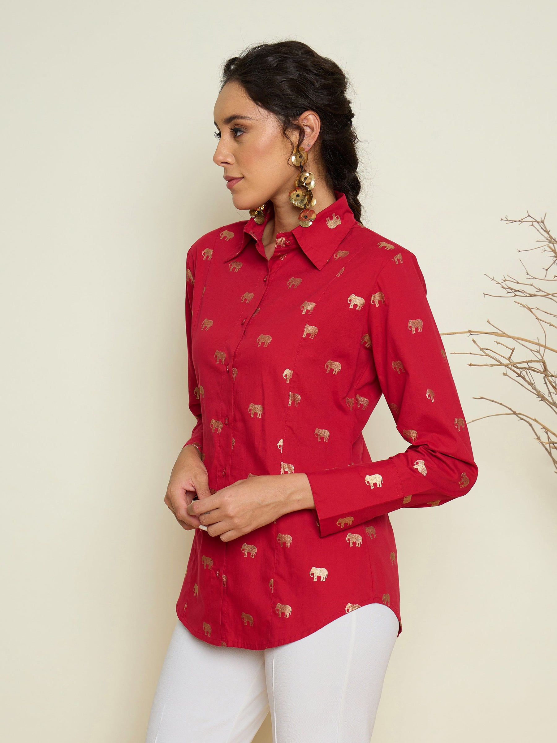 Fuchsia Foil Print Shoulder Padded Slim Fit Poplin Shirt-Pink Paprika By SASSAFRAS